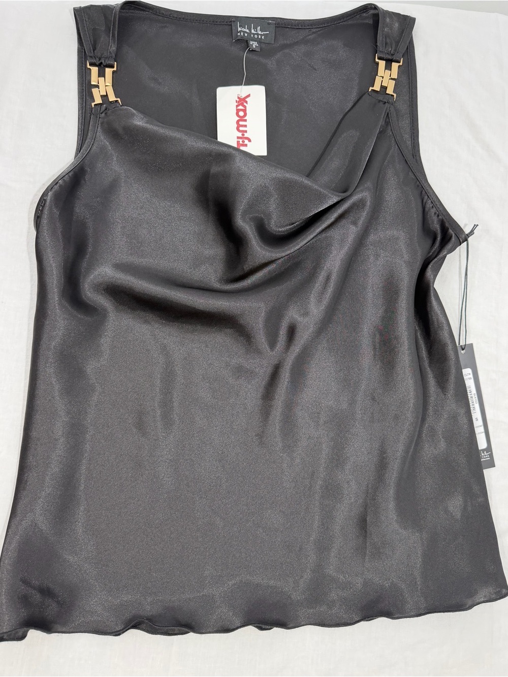 3/$30 Nicole Miller Black Cowl Neck Top with Gold size S
